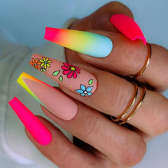 24pcs Gradient Flower Design Press On Nails Long Acrylic False Nails for Women
