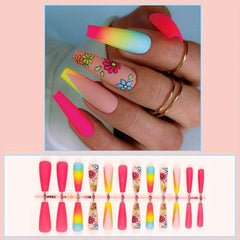 24pcs Gradient Flower Design Press On Nails Long Acrylic False Nails for Women