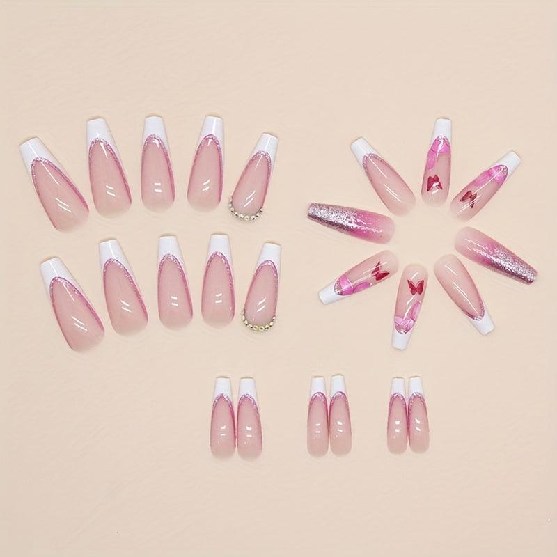 Pink Glitter Butterfly Press On Nails with Rhinestones for Women and Girl