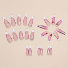 Pink Glitter Butterfly Press On Nails with Rhinestones for Women and Girl