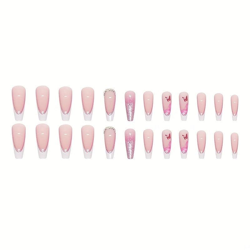 Pink Glitter Butterfly Press On Nails with Rhinestones for Women and Girl
