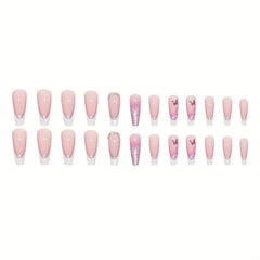 Pink Glitter Butterfly Press On Nails with Rhinestones for Women and Girl