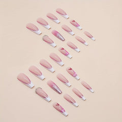 Pink Glitter Butterfly Press On Nails with Rhinestones for Women and Girl