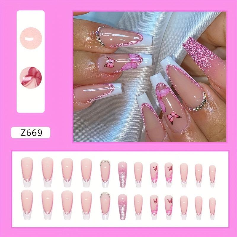 Pink Glitter Butterfly Press On Nails with Rhinestones for Women and Girl