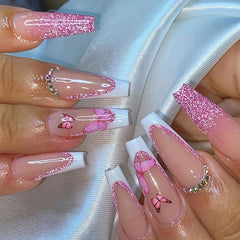 Pink Glitter Butterfly Press On Nails with Rhinestones for Women and Girl