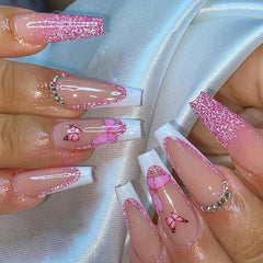 Pink Glitter Butterfly Press On Nails with Rhinestones for Women and Girl