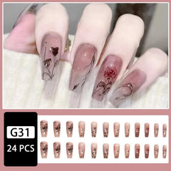 24 pcs Rose Pattern Long False Nails with Glue Stickers