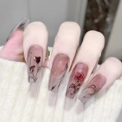24 pcs Rose Pattern Long False Nails with Glue Stickers