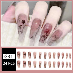 24 pcs Rose Pattern Long False Nails with Glue Stickers