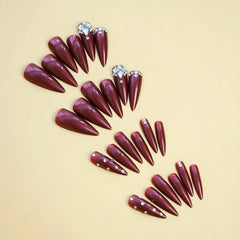 24 pcs Red Rhinestone Almond Press On Nails Long Glossy Women Girls 100 Faux