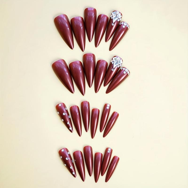 24 pcs Red Rhinestone Almond Press On Nails Long Glossy Women Girls 100 Faux
