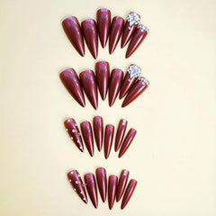 24 pcs Red Rhinestone Almond Press On Nails Long Glossy Women Girls 100 Faux
