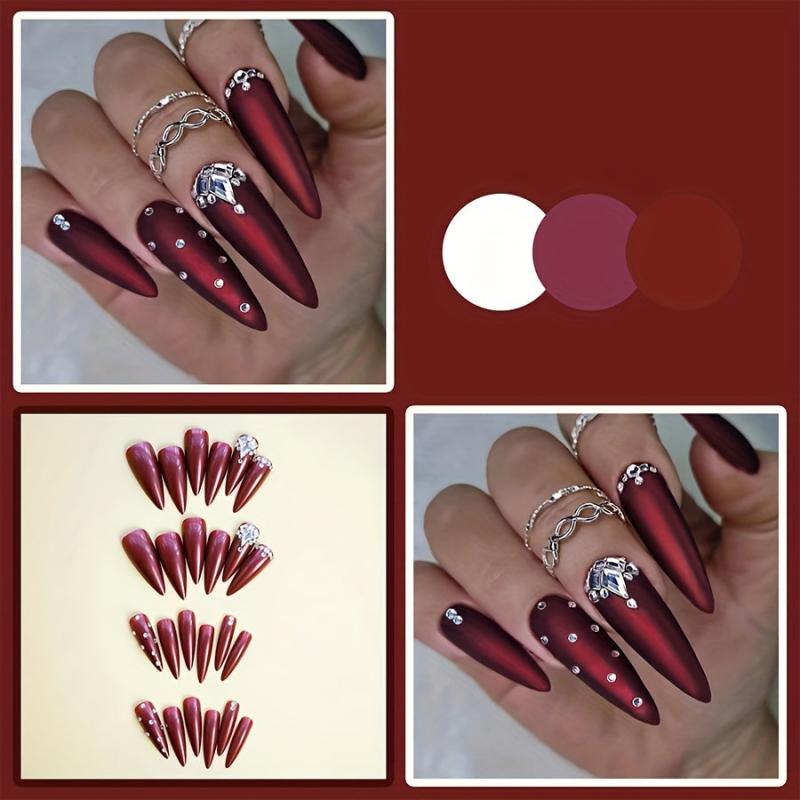 24 pcs Red Rhinestone Almond Press On Nails Long Glossy Women Girls 100 Faux