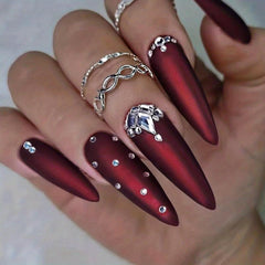 24 pcs Red Rhinestone Almond Press On Nails Long Glossy Women Girls 100 Faux