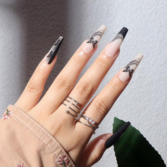 Long Acrylic Coffin Press On Nails with Butterfly Glossy False Nails