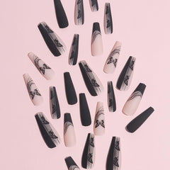 Long Acrylic Coffin Press On Nails with Butterfly Glossy False Nails