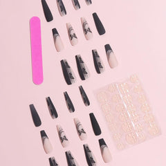 Long Acrylic Coffin Press On Nails with Butterfly Glossy False Nails