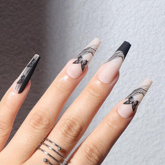 Long Acrylic Coffin Press On Nails with Butterfly Glossy False Nails