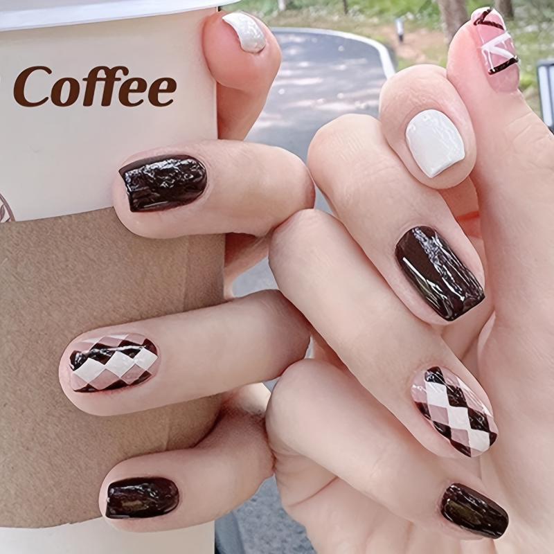 24pcs Short Square False Nails Caramel Amber Cartoon Heart Various Styles