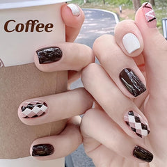 24pcs Short Square False Nails Caramel Amber Cartoon Heart Various Styles