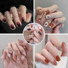 24pcs Short Square False Nails Caramel Amber Cartoon Heart Various Styles