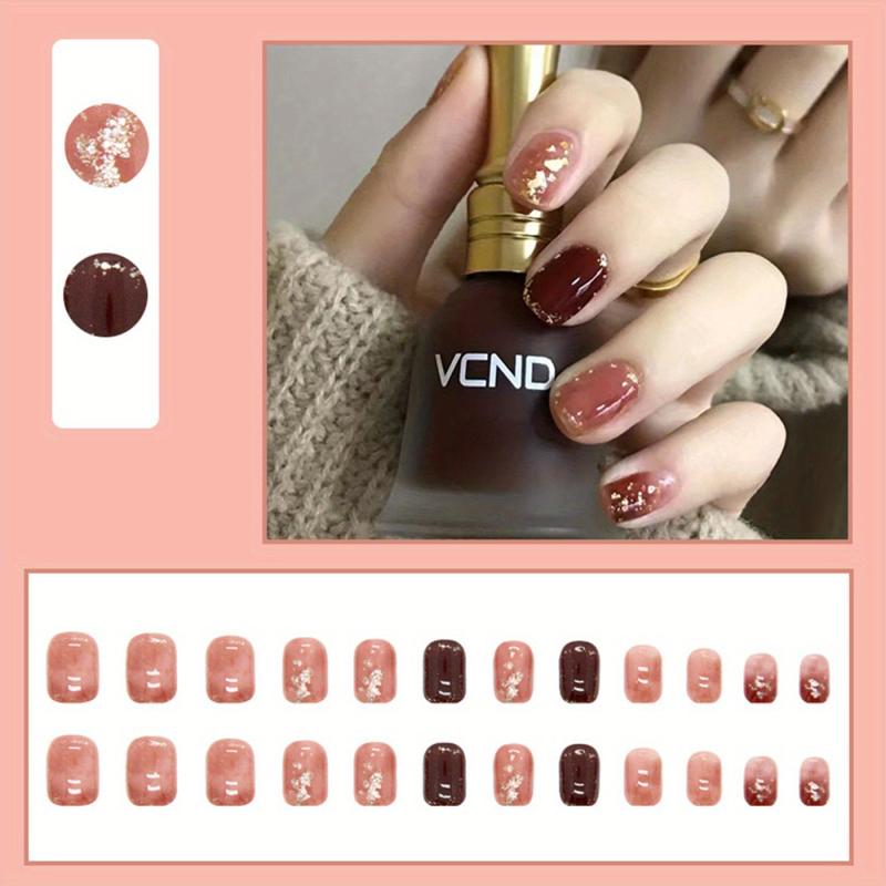 24pcs Short Square False Nails Caramel Amber Cartoon Heart Various Styles