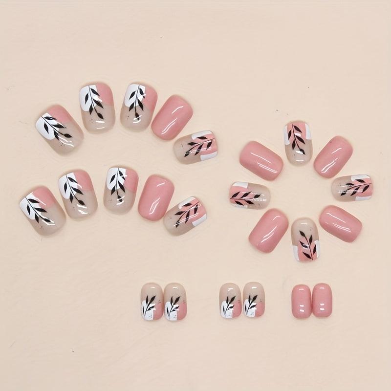 24pcs Pink Press On Nails with Leaves Full Cover Short Square False Nails