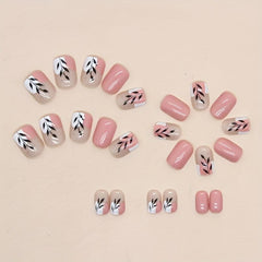 24pcs Pink Press On Nails with Leaves Full Cover Short Square False Nails