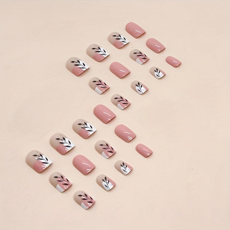 24pcs Pink Press On Nails with Leaves Full Cover Short Square False Nails