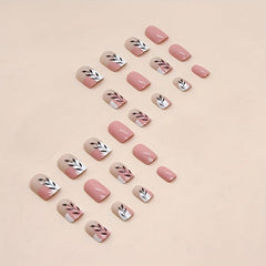 24pcs Pink Press On Nails with Leaves Full Cover Short Square False Nails