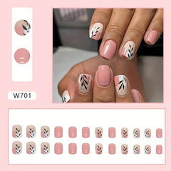 24pcs Pink Press On Nails with Leaves Full Cover Short Square False Nails