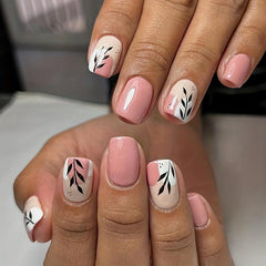 24pcs Pink Press On Nails with Leaves Full Cover Short Square False Nails