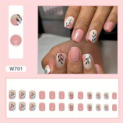 24pcs Pink Press On Nails with Leaves Full Cover Short Square False Nails