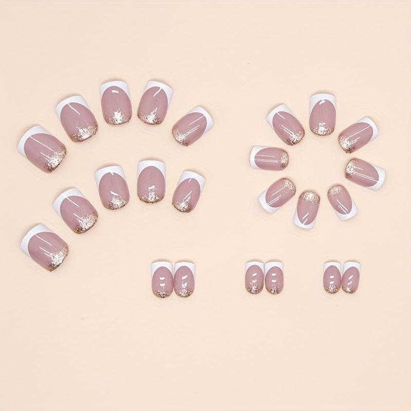 24pcs Glossy French Tip Press On Nails with Glitter Sequin