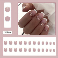 24pcs Glossy French Tip Press On Nails with Glitter Sequin