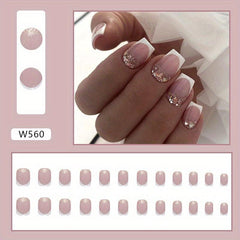 24pcs Glossy French Tip Press On Nails with Glitter Sequin