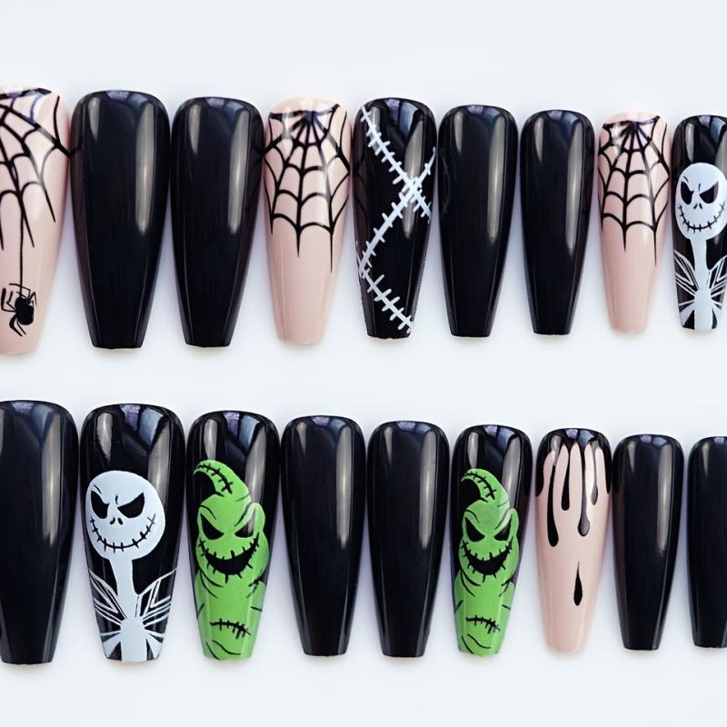 24pcs Halloween Coffin Nails Skulls Spider Webs Blood Designs Glossy False Nails