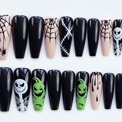 24pcs Halloween Coffin Nails Skulls Spider Webs Blood Designs Glossy False Nails