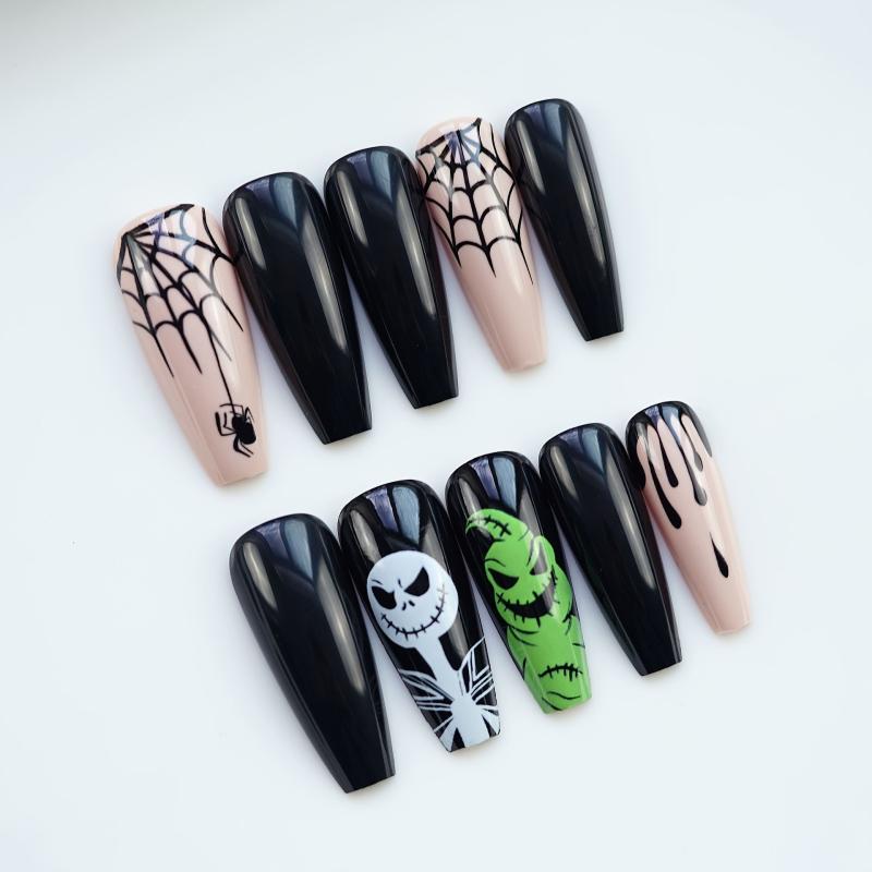 24pcs Halloween Coffin Nails Skulls Spider Webs Blood Designs Glossy False Nails
