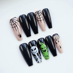 24pcs Halloween Coffin Nails Skulls Spider Webs Blood Designs Glossy False Nails