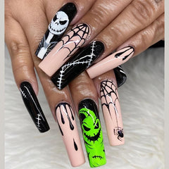24pcs Halloween Coffin Nails Skulls Spider Webs Blood Designs Glossy False Nails
