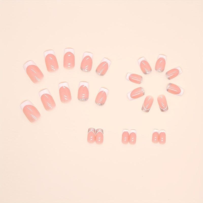 Glittery Pink French Tip Press On Nails for Women & Girls