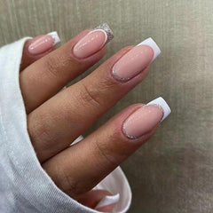 Glittery Pink French Tip Press On Nails for Women & Girls