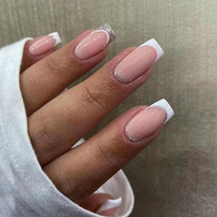 Glittery Pink French Tip Press On Nails for Women & Girls