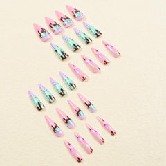 Long Almond Press On Nails Cherry Chocolate Glossy Acrylic False Nails