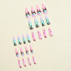Long Almond Press On Nails Cherry Chocolate Glossy Acrylic False Nails
