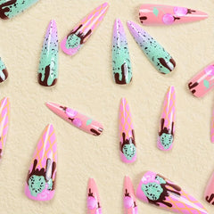 Long Almond Press On Nails Cherry Chocolate Glossy Acrylic False Nails