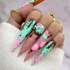 Long Almond Press On Nails Cherry Chocolate Glossy Acrylic False Nails