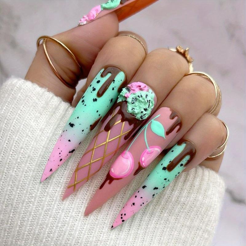 Long Almond Press On Nails Cherry Chocolate Glossy Acrylic False Nails