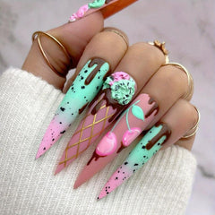 Long Almond Press On Nails Cherry Chocolate Glossy Acrylic False Nails